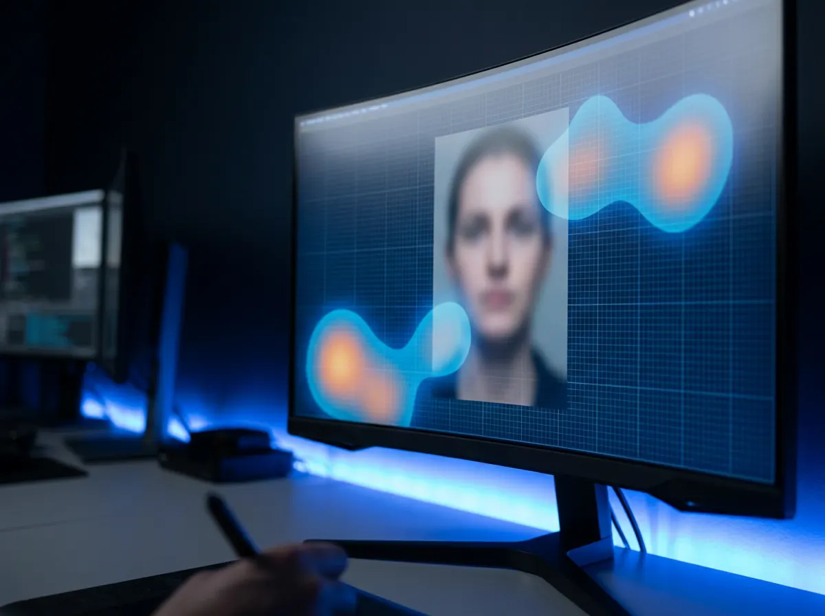 Portrait sur un écran d'analyse recouvert d'une carte de chaleur bleue et orange