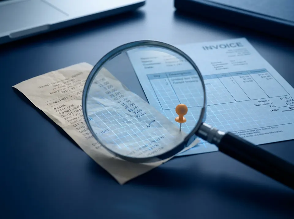 Ticket de caisse froissé et facture sous une loupe avec une grille d'analyse